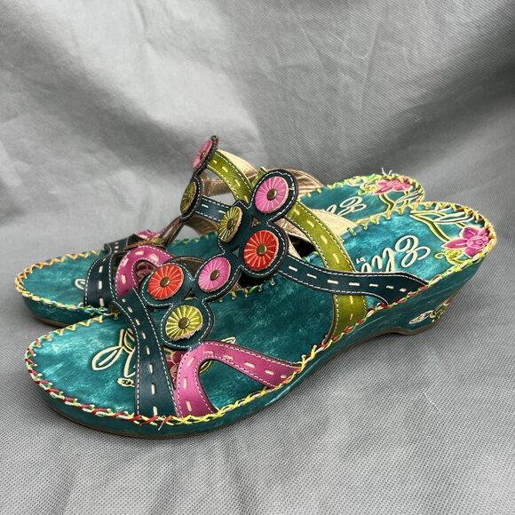 Elite by Corkys Imagination Sz 8 Blue Green Leather Sandals Heels Shoes Strappy - Picture 1 of 9